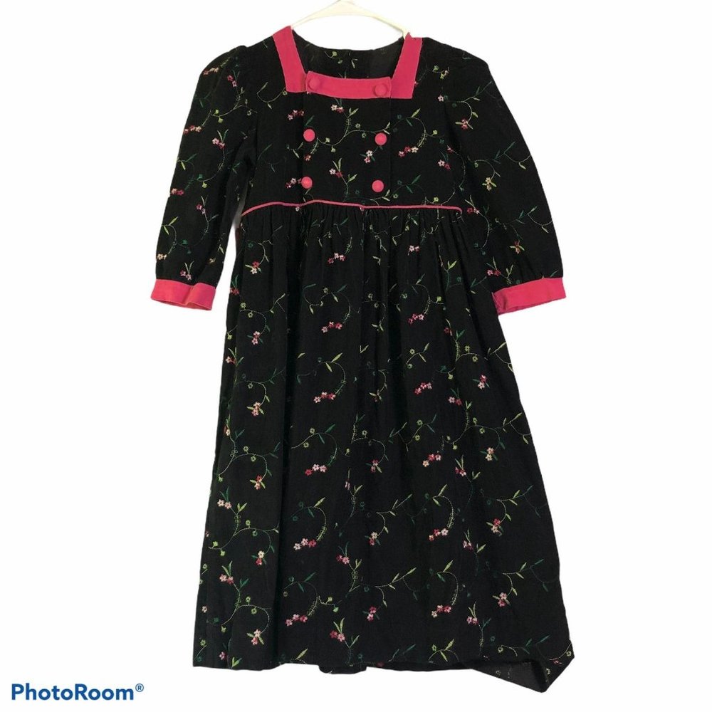 Vintage Catherine Rebecca Black Floral Prairie Minimal Long Sleeve Dress Girls 7